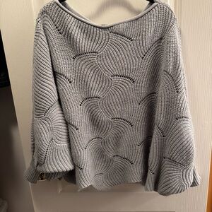 Off Shoulder Gray Chunky Knit Sweater Oversized Balloon Sleeve Textured Pullover